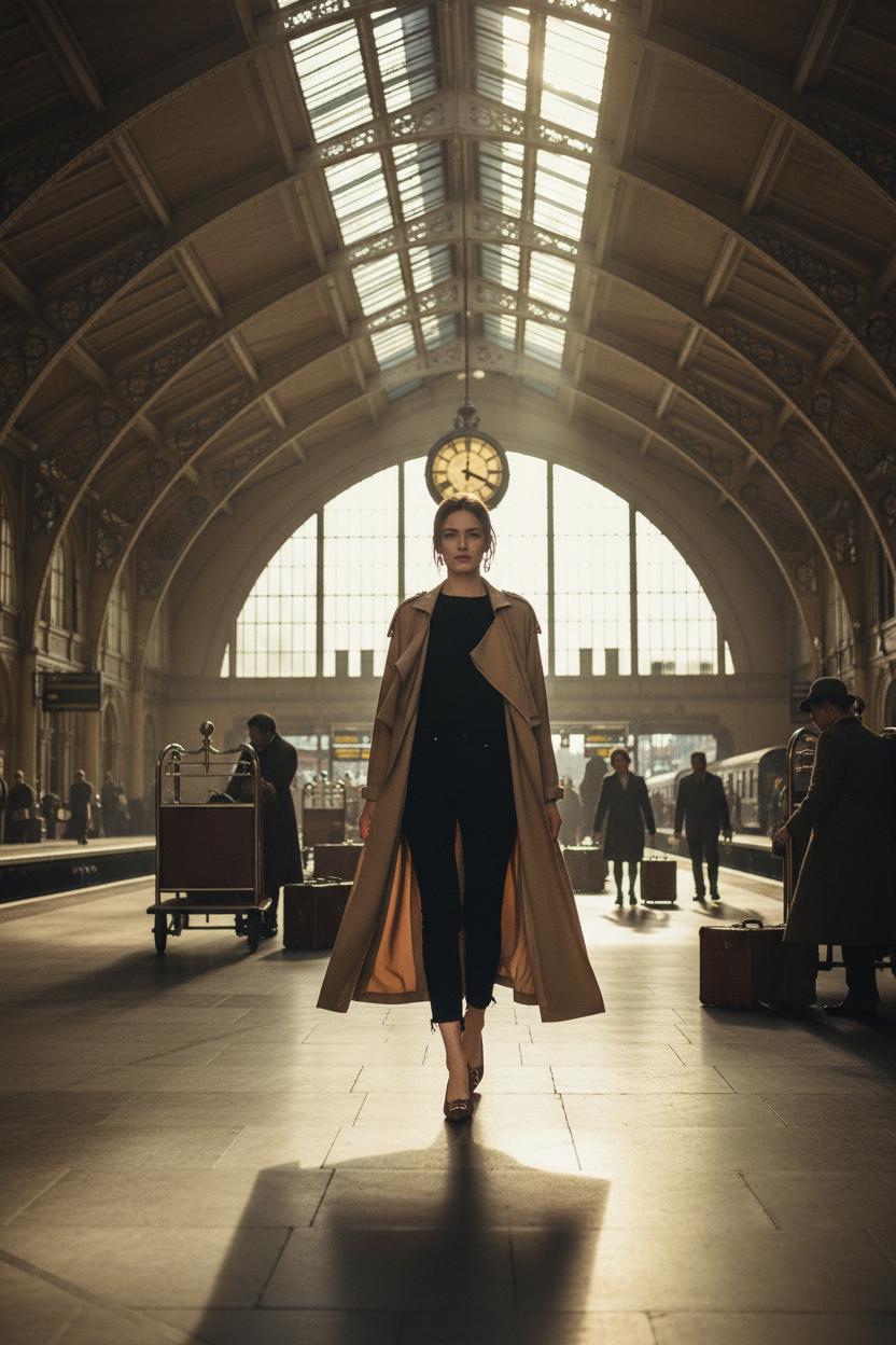 British trench coat in railway station