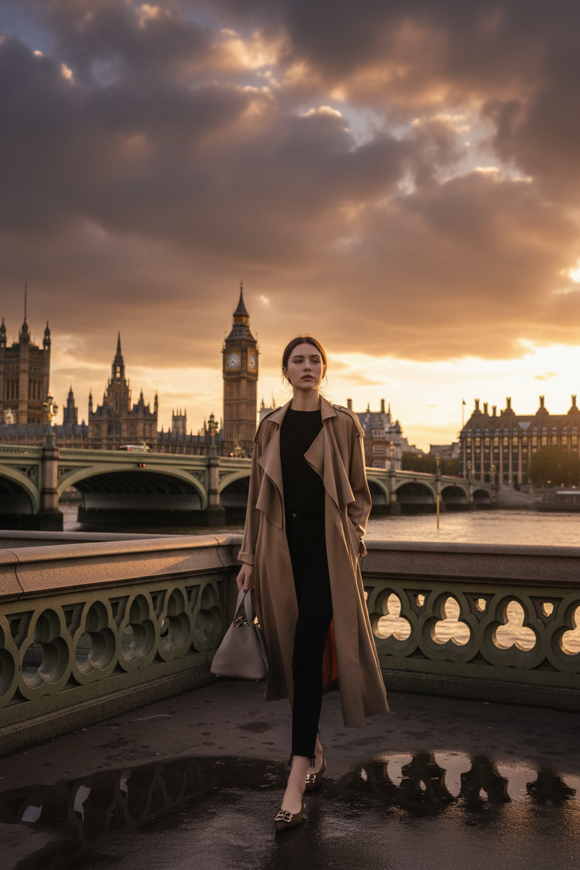 British trench coat on Thames bridge