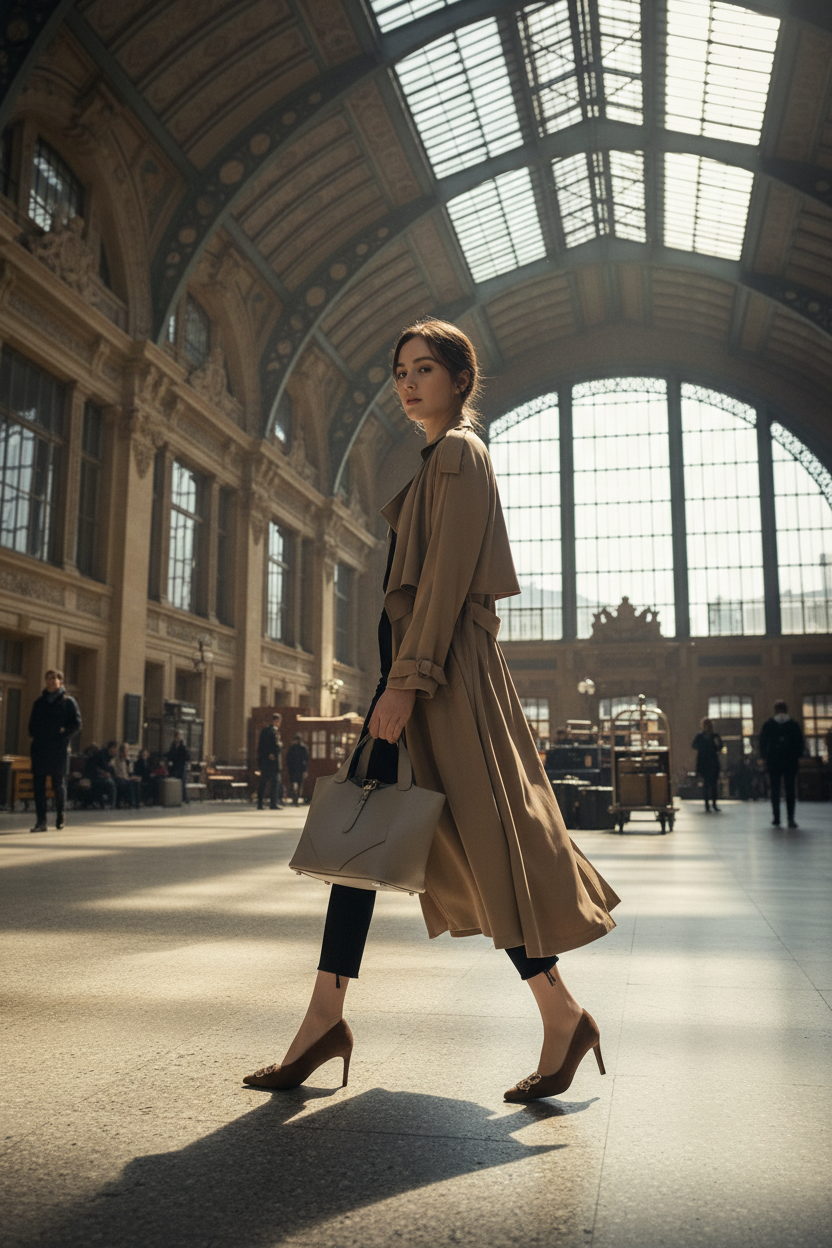 British trench coat with boots in station