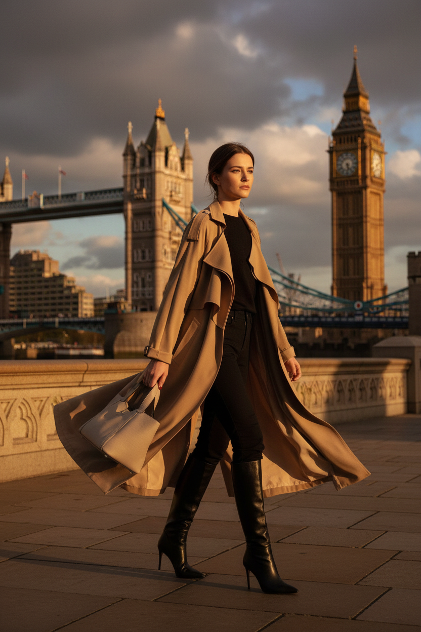 British trench coat with boots on bridge