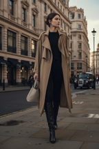 British trench coat with high heel boots in London