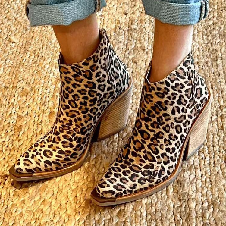 Leopard Pointed Ankle High-top Back Zipper Pull-up Boots For Women