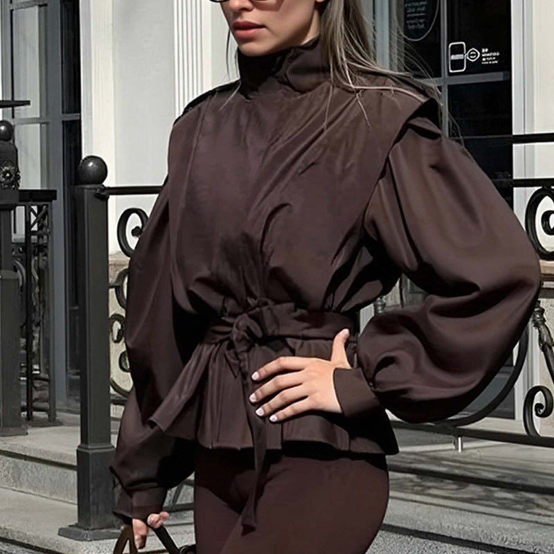 Women's Vintage Stand Collar Loose Long Sleeve Trench Coat Short Jacket