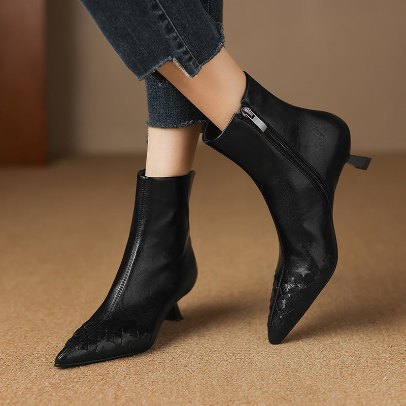 Fashionable Knit Ankle Mid-heel And Plush-lined Boots