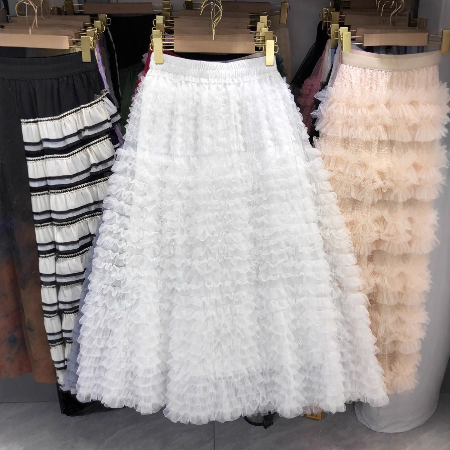 New Colorful Sweet Age-reducing Pleated Solid-color Mesh Midi Puff Skirt