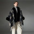 Plaid Navy Blue Fur Collar Shawl Warm