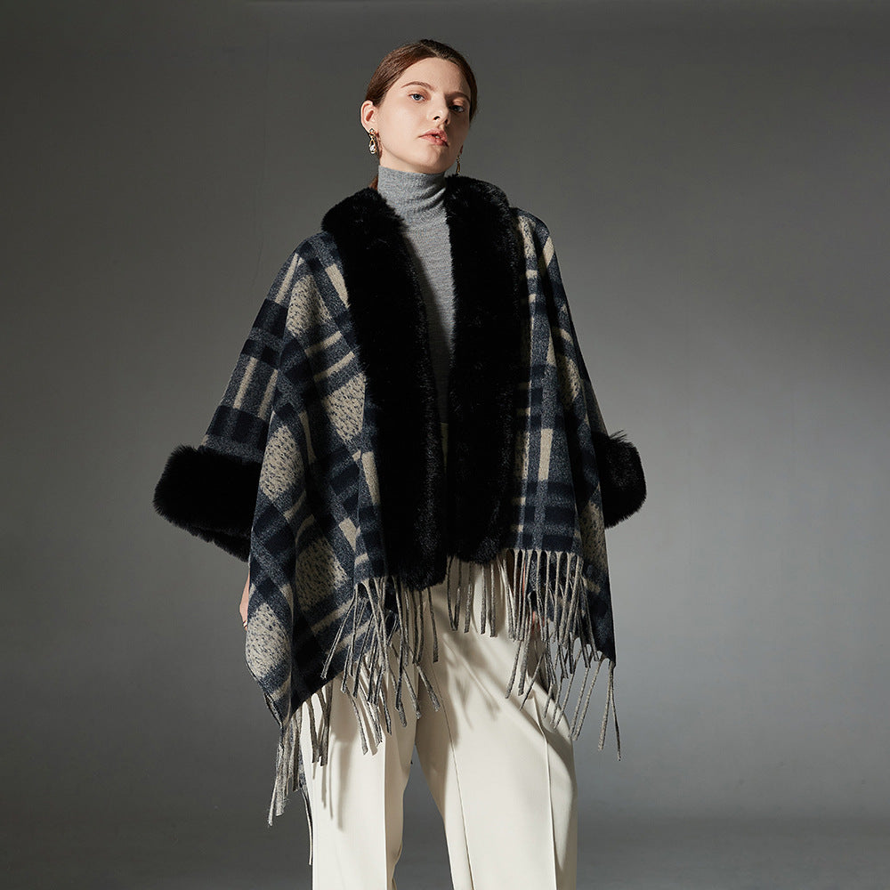 Plaid Navy Blue Fur Collar Shawl Warm