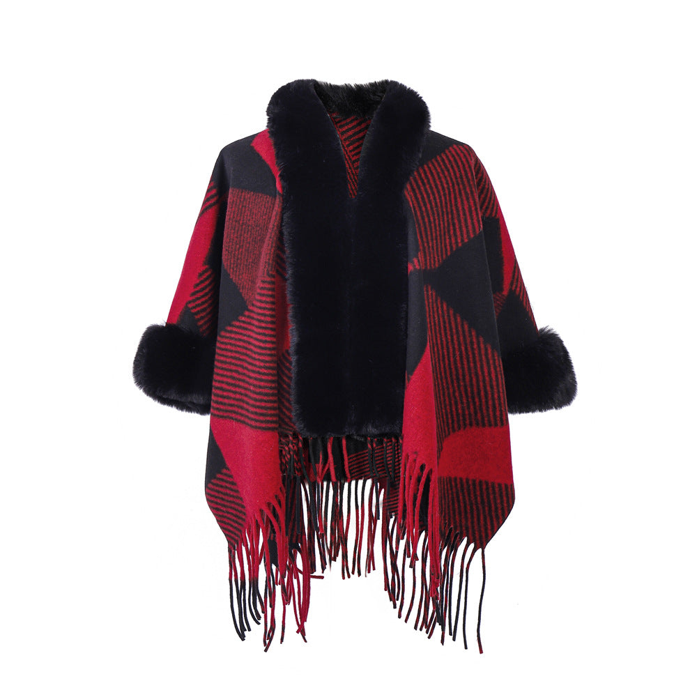 Jacquard Christmas Red Fur Collar Geometric Tassel Shawl