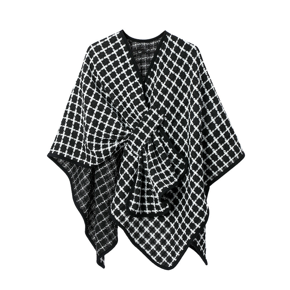 Black And White Buckle Loop Plaid Cross Shawl