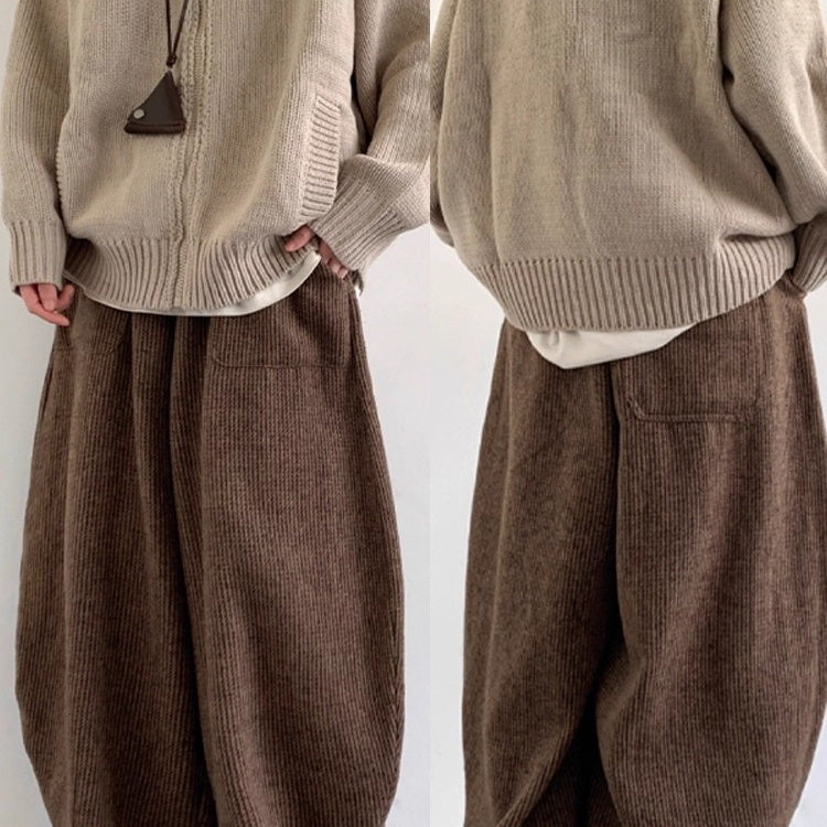 Womens Retro Corduroy Coffee-Colored Wide-Leg Pants