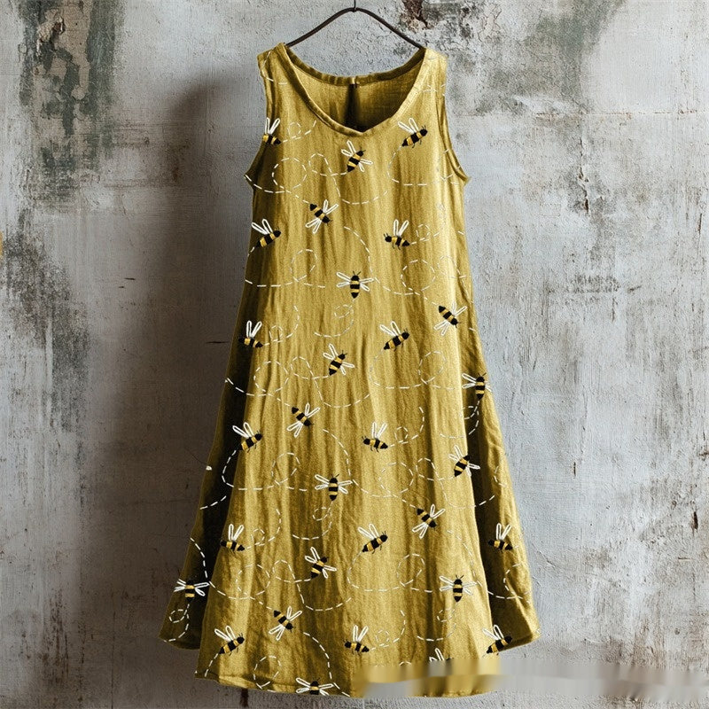 Sleeveless V-neck 3D-printed Fresh And Airy Dress