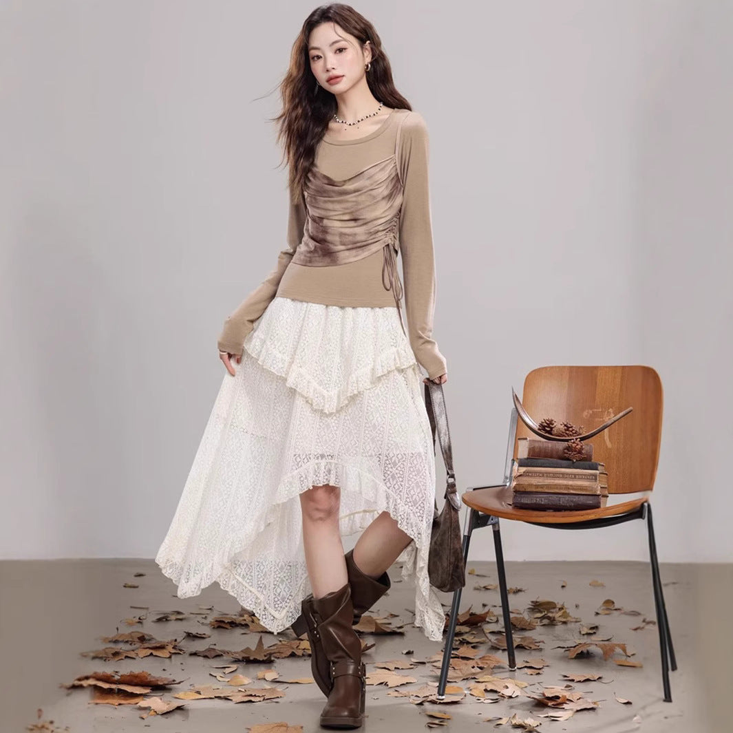 Womens Retro Hollowed Solid-Color Asymmetrical Skirt