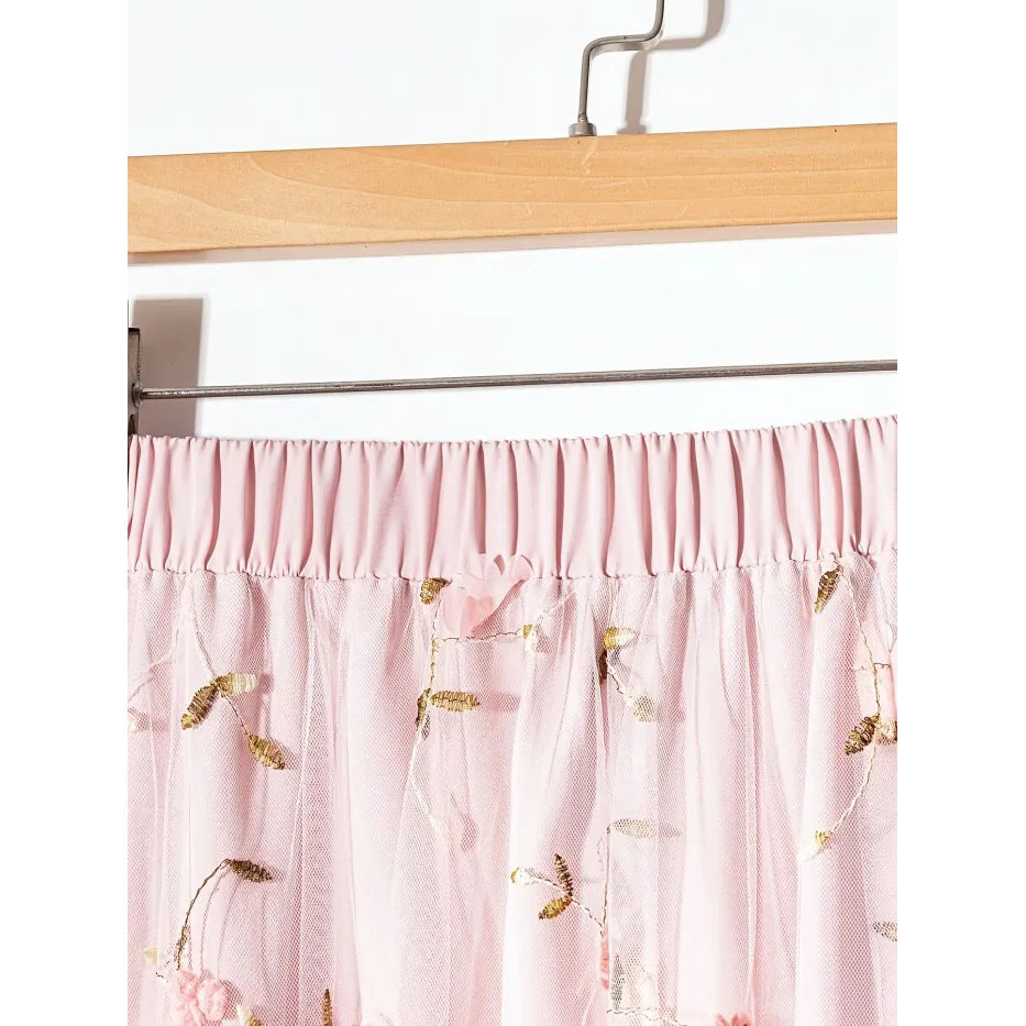 Double-layer Mesh Skirt With A Flared Hem And 3D Floral Design
