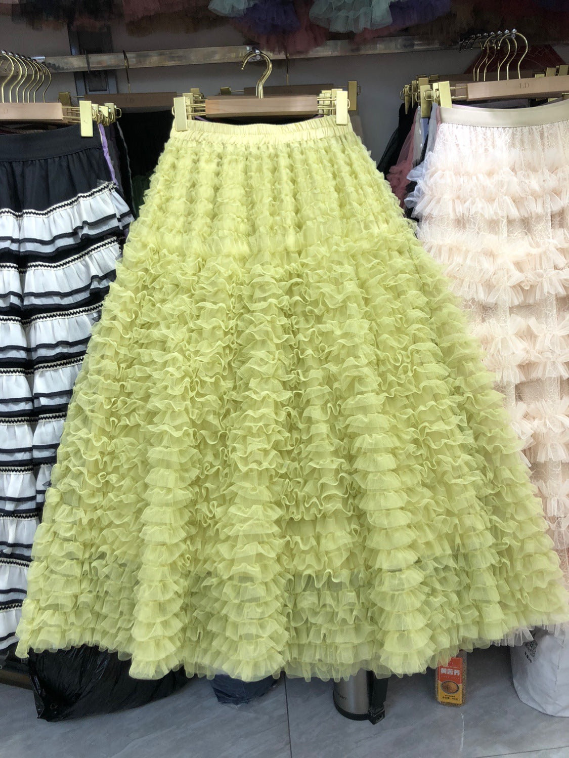 New Colorful Sweet Age-reducing Pleated Solid-color Mesh Midi Puff Skirt