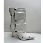 High-heeled Pointed-toe Denim Patchwork Ankle Boots With Metal Studs