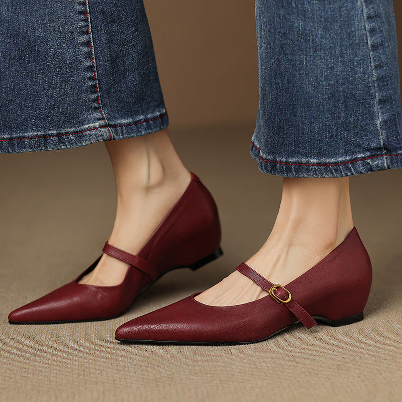 French Retro Sheepskin Pointed Toe Pumps Women's Shallow Mouth