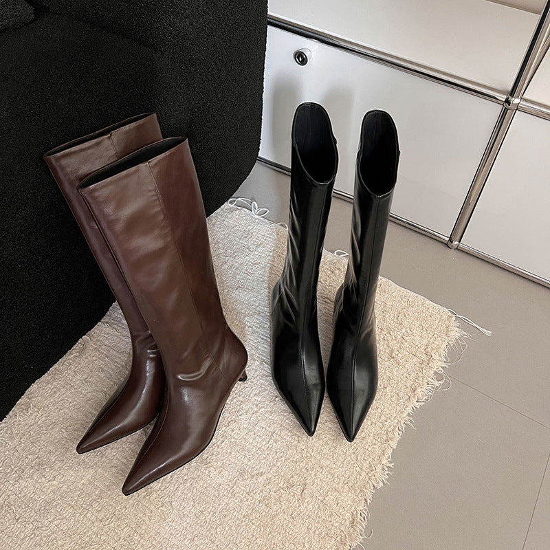 Elastic Commuter Pointed High Heel Brown Knight Boots