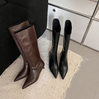 Elastic Commuter Pointed High Heel Brown Knight Boots