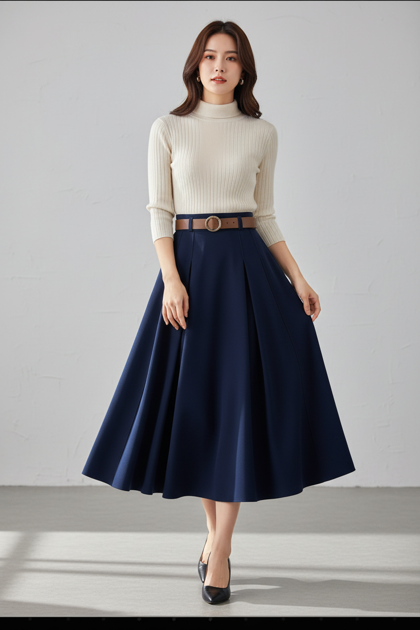 Dark Navy Blue Skirt Cream Top
