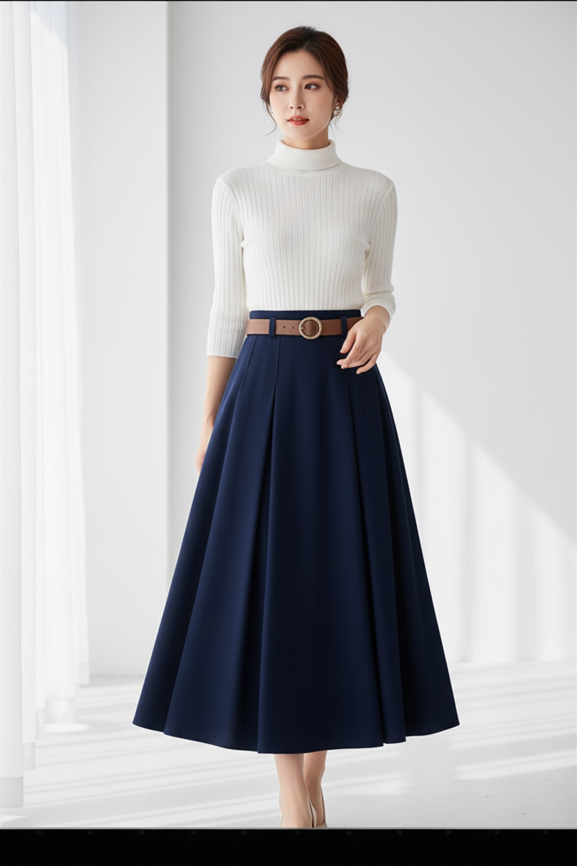 Dark Navy Blue Skirt White Top