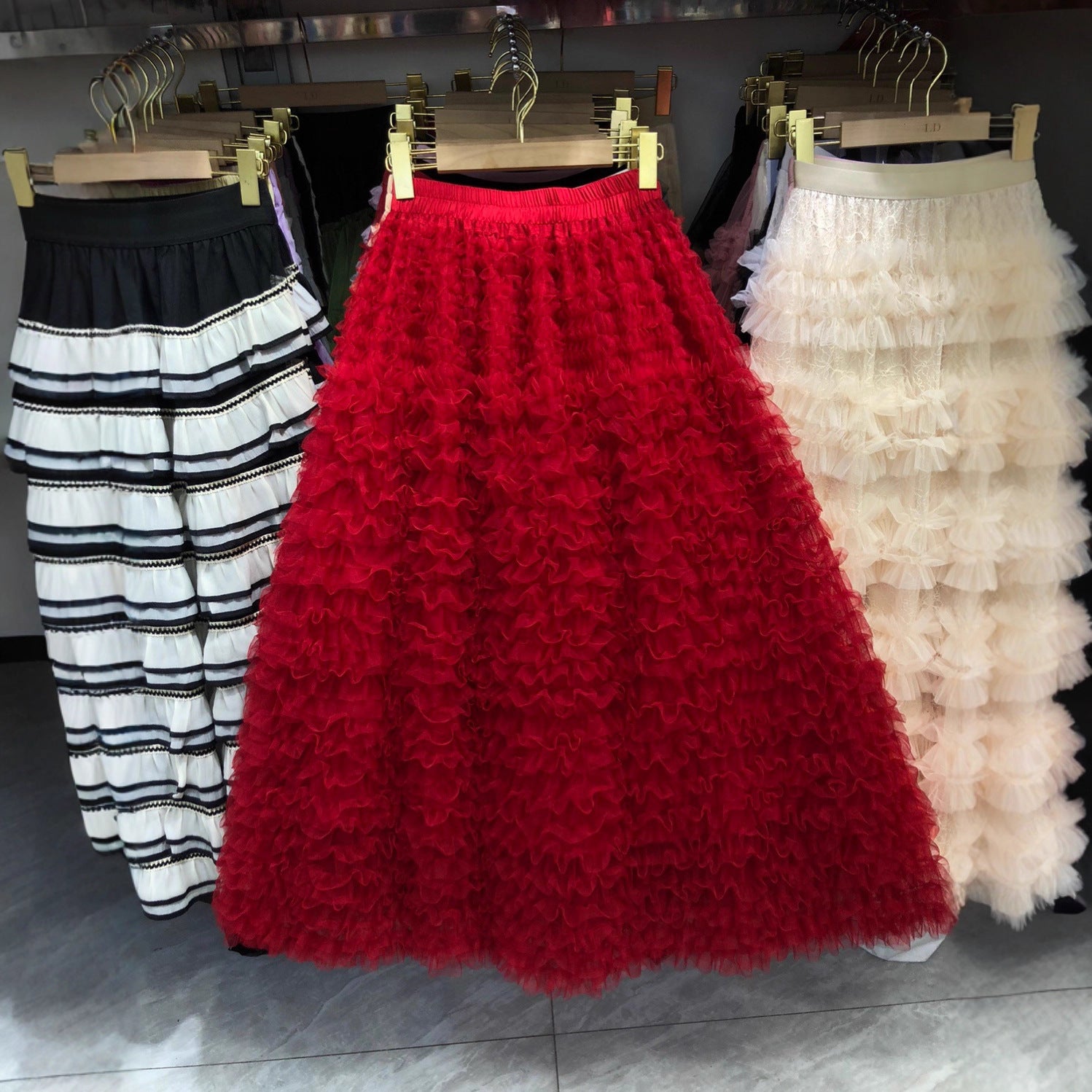 New Colorful Sweet Age-reducing Pleated Solid-color Mesh Midi Puff Skirt
