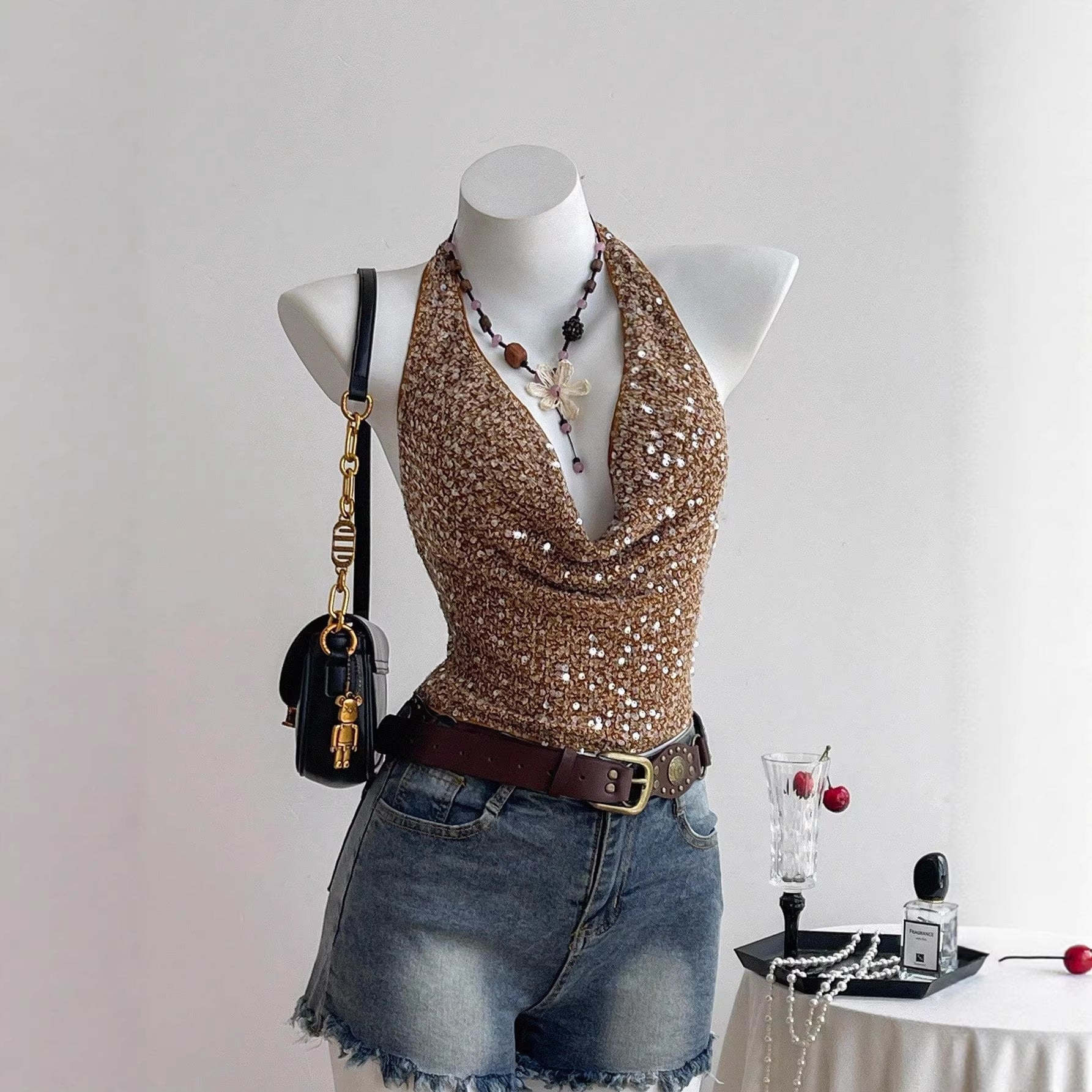 Fashionable Sassy Halter-style Camisole With A Sheer Ruffled Design