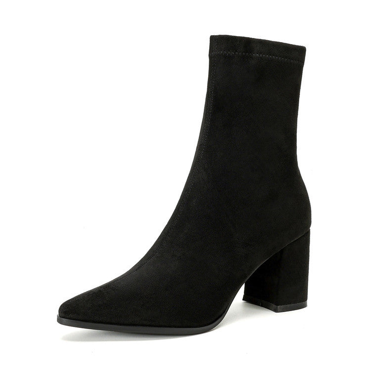 Stretch Suede High Heel Boots - Side Zipper Thick Heel Ankle Boots