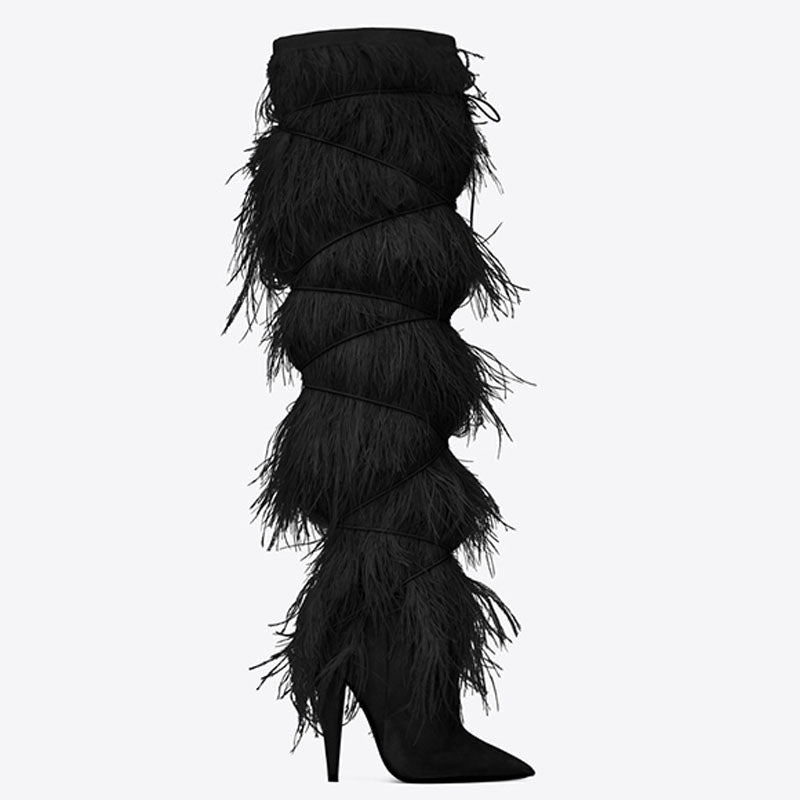 Black Feather-Trim Runway Statement Boots