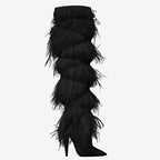 Black Feather-Trim Runway Statement Boots