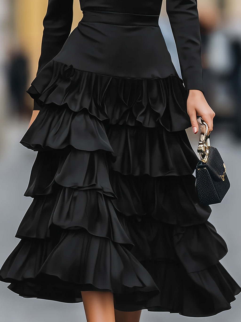 Stylish And Elegant Solid-color Casual Black Multi-layered Tiered Skirt