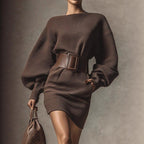 Brown Bodycon Mini Dress, Boat Neck Long Sleeve Casual Dress With Belt