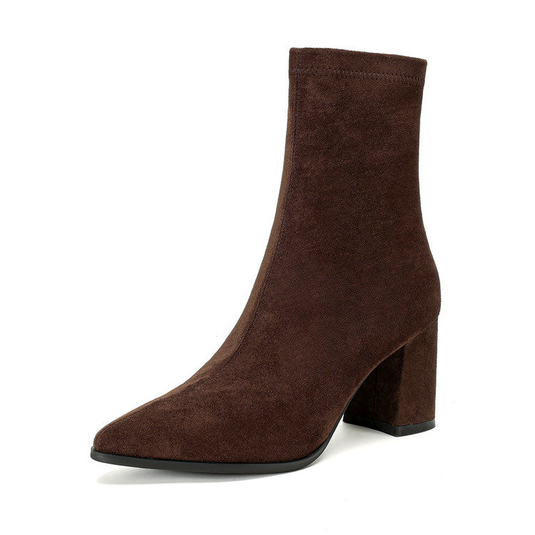 Stretch Suede High Heel Boots - Side Zipper Thick Heel Ankle Boots