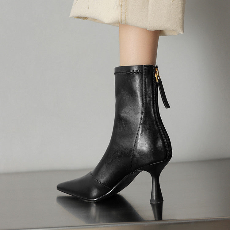 Korean Style Cowhide Stiletto Ankle Boots - Pointed Toe Back Zipper