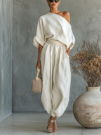 Loose Wide-leg Casual Top With Lantern Pants In Cotton And Linen