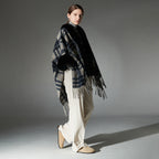 Plaid Navy Blue Fur Collar Shawl Warm