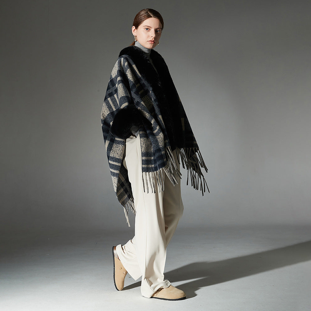 Plaid Navy Blue Fur Collar Shawl Warm