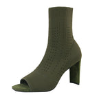 Square Fish Mouth Toe Skinny Middle Tube Knitted Ankle Boots