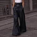 High-waisted Loose-fitting PU Leather Flared Pants With Pockets