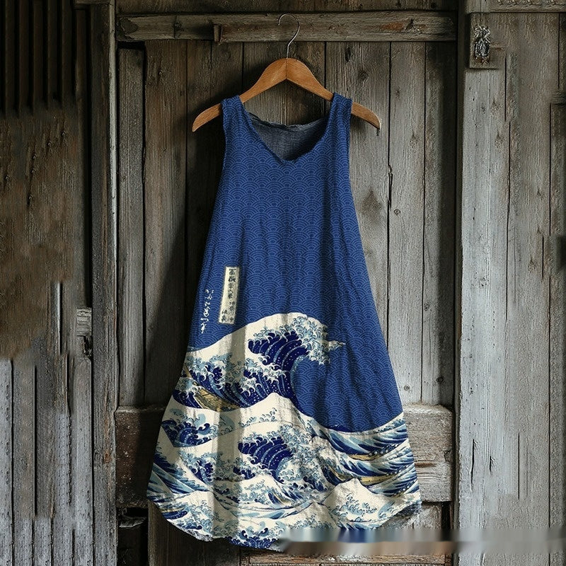 Sleeveless V-neck 3D-printed Fresh And Airy Dress