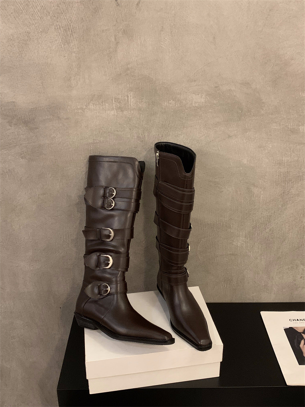 Maillard Brown Pointed-Toe Chunky Heel Boots - Belt Buckle Detail