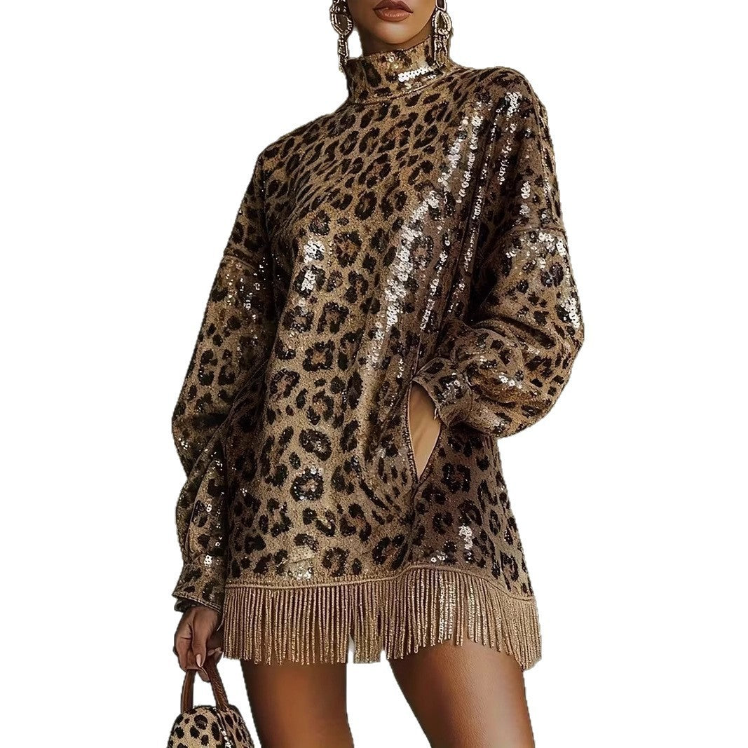 Metallic Brown Sequin High Neck Long Sleeve Tassel Design Cropped Dress With A Leopard Print