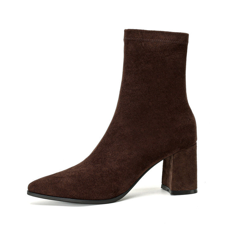 Stretch Suede High Heel Boots - Side Zipper Thick Heel Ankle Boots