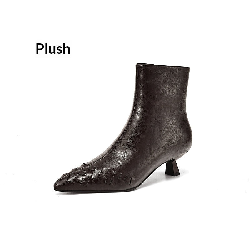 Fashionable Knit Ankle Mid-heel And Plush-lined Boots