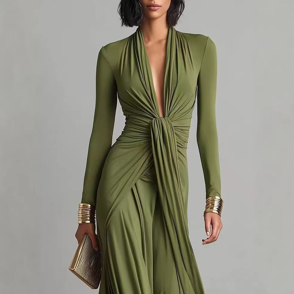 Solid-color Textured Long-sleeve Elegant French-style Dress