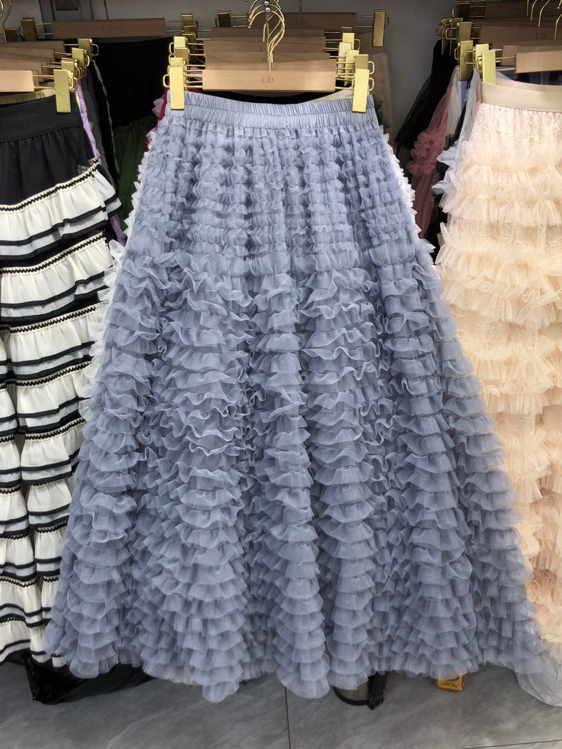 New Colorful Sweet Age-reducing Pleated Solid-color Mesh Midi Puff Skirt