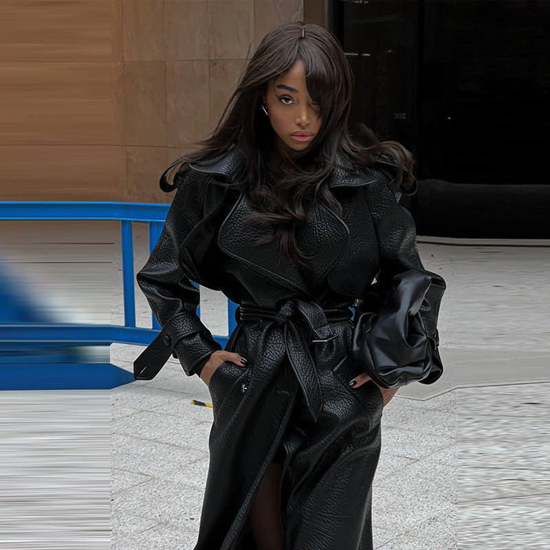 Autumn And Winter Women's Clothing New Leather Coat Elegant Long Leather Coat