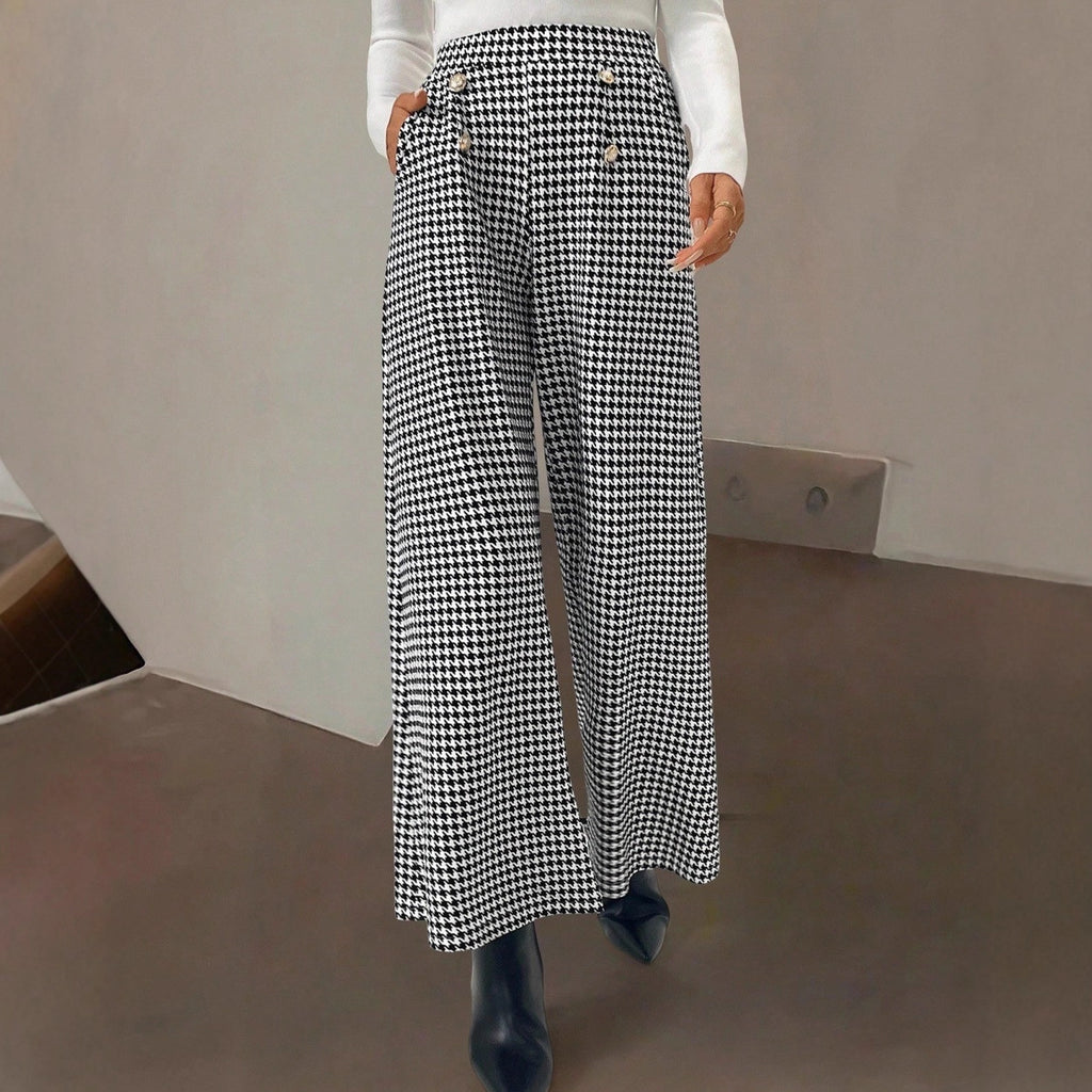Elegant Houndstooth Wide-leg Cropped Pants