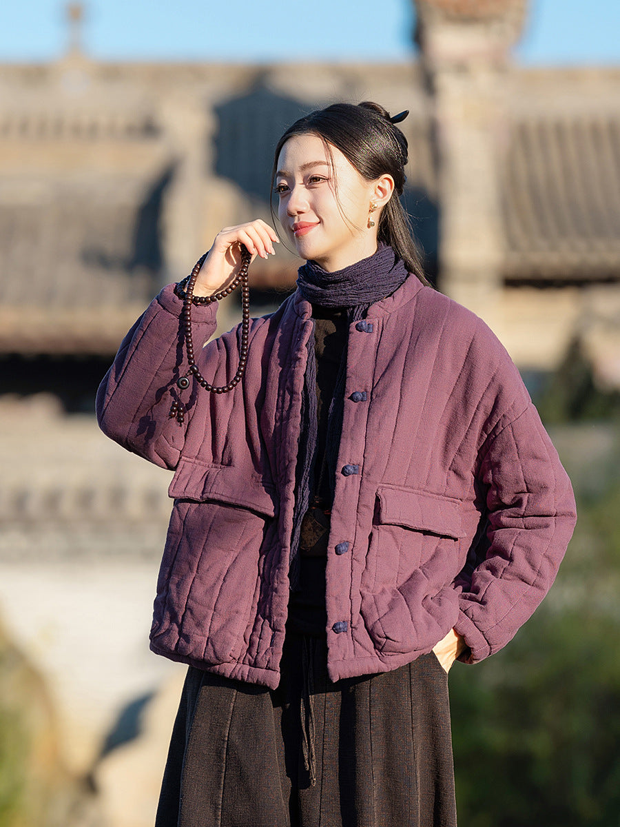 Womens Retro Colorblock Button-Loop Loose Short Cotton Padded Jacket