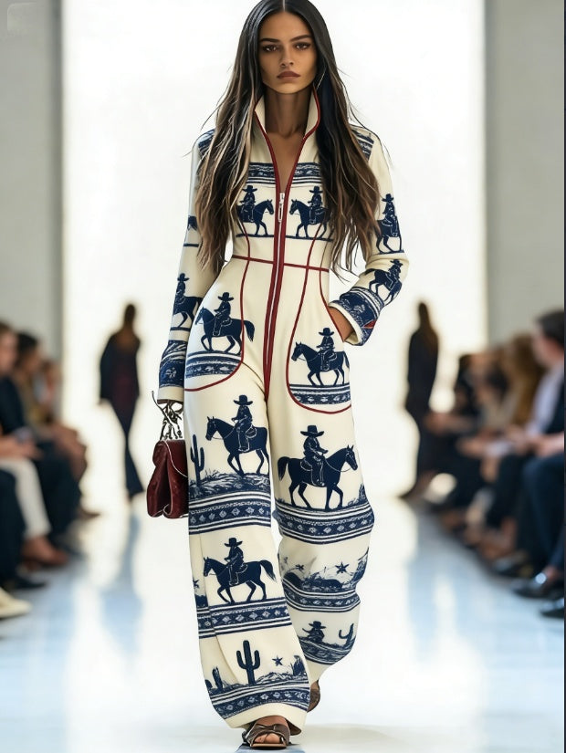 Zippered Long-sleeved Casual Wide-leg Jumpsuit