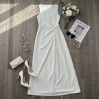 European And American-style Pleated Solid-color Patchwork Sleeveless Long Dress With A Round Neck
